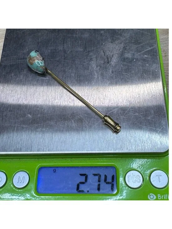 Vintage Sterling Turquoise Stick Pin Brooch Hat Brass Stem 2.75" Brooch Sterling - Picture 7 of 7